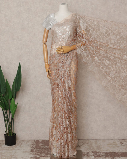 Beige Peach Premium French 2-Tone Chantilly Lace Saree, 5.5 Mtrs with 110 Cms Width, Imported from France-D25436