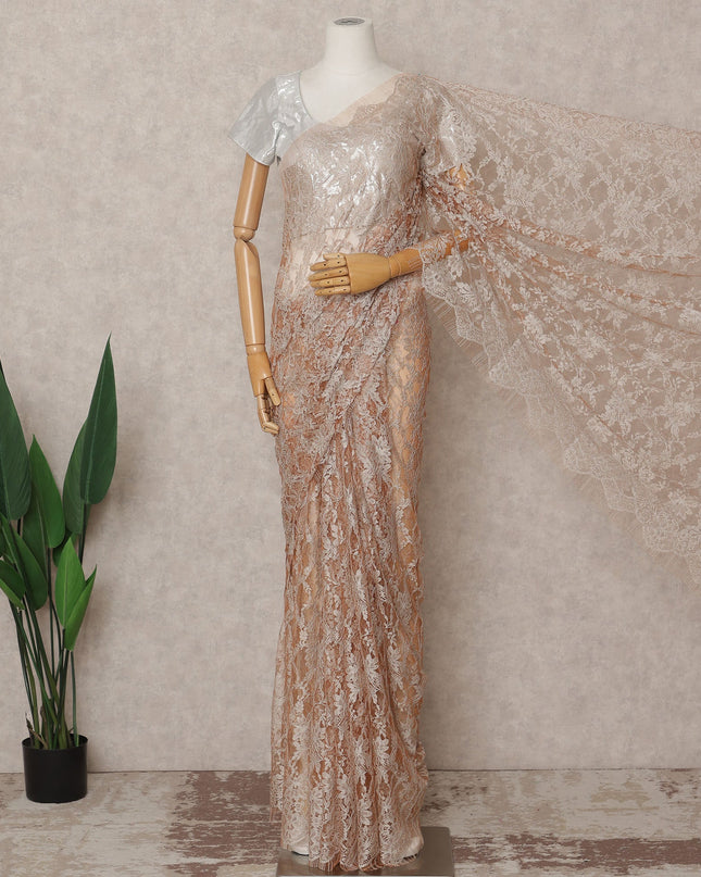 Beige Peach Premium French 2-Tone Chantilly Lace Saree, 5.5 Mtrs with 110 Cms Width, Imported from France-D25436