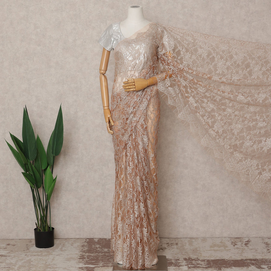 Beige Peach Premium French 2-Tone Chantilly Lace Saree, 5.5 Mtrs with 110 Cms Width, Imported from France-D25436