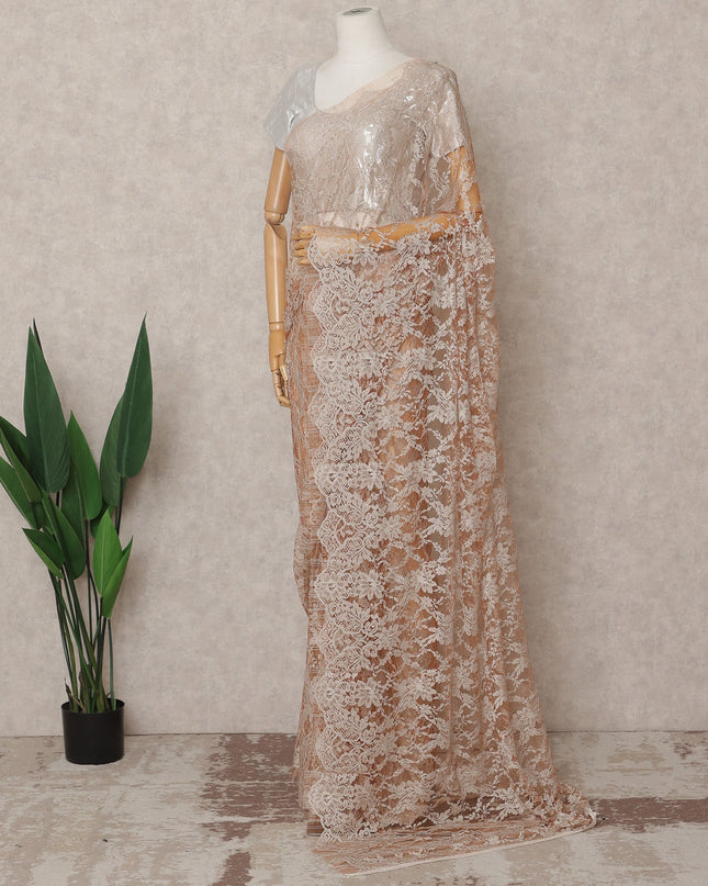 Beige Peach Premium French 2-Tone Chantilly Lace Saree, 5.5 Mtrs with 110 Cms Width, Imported from France-D25436