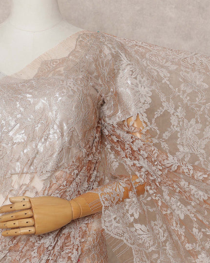 Beige Peach Premium French 2-Tone Chantilly Lace Saree, 5.5 Mtrs with 110 Cms Width, Imported from France-D25436