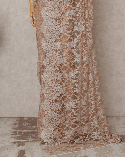 Beige Peach Premium French 2-Tone Chantilly Lace Saree, 5.5 Mtrs with 110 Cms Width, Imported from France-D25436