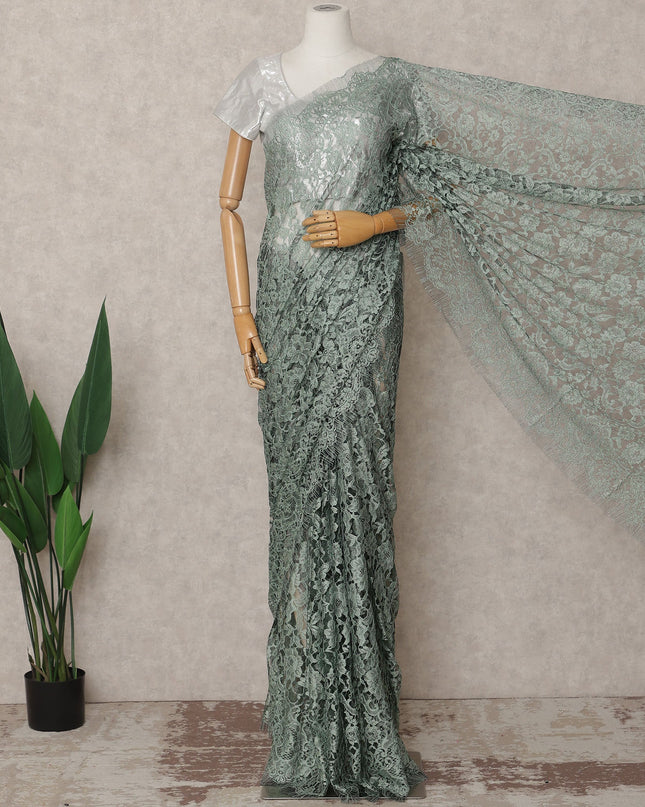 Light Olive Premium French 2-Tone Chantilly Lace Saree, 5.5 Mtrs with 110 Cms Width, Imported from France-D25435