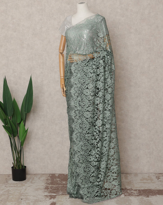 Light Olive Premium French 2-Tone Chantilly Lace Saree, 5.5 Mtrs with 110 Cms Width, Imported from France-D25435
