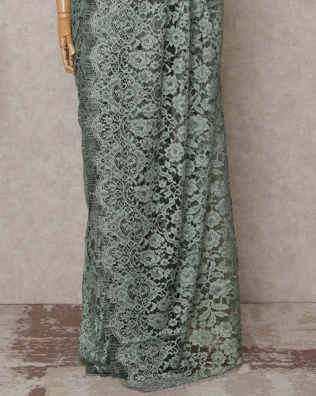 Light Olive Premium French 2-Tone Chantilly Lace Saree, 5.5 Mtrs with 110 Cms Width, Imported from France-D25435