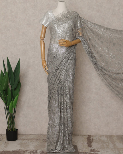Silver Premium French Metallic Chantilly Lace Saree – 5.5 Meters Fabric Length, Width 110 cm, Imported from France  & Blouse Not Included-D26566