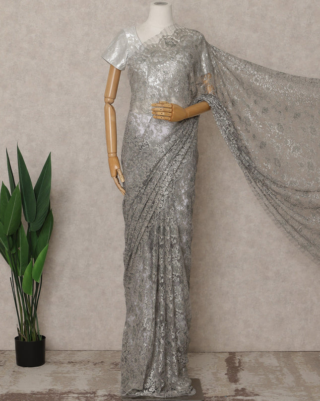 Silver Premium French Metallic Chantilly Lace Saree – 5.5 Meters Fabric Length, Width 110 cm, Imported from France  & Blouse Not Included-D26566