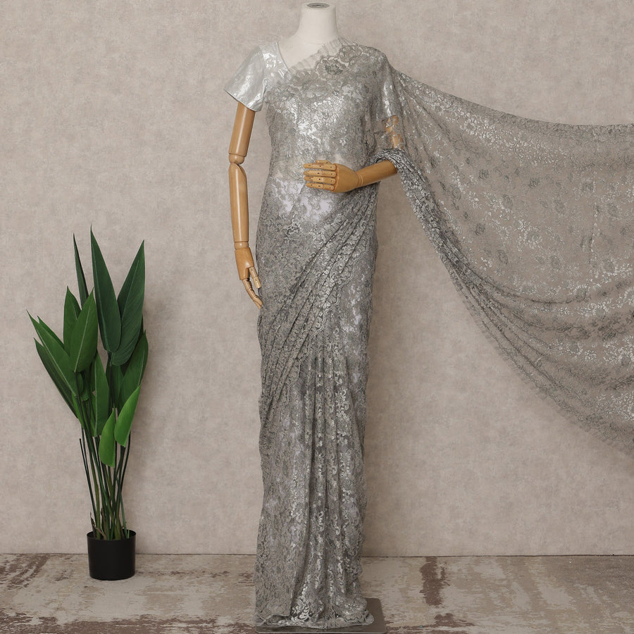 Silver Premium French Metallic Chantilly Lace Saree – 5.5 Meters Fabric Length, Width 110 cm, Imported from France  & Blouse Not Included-D26566