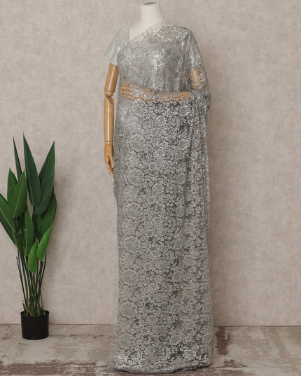 Silver Premium French Metallic Chantilly Lace Saree – 5.5 Meters Fabric Length, Width 110 cm, Imported from France  & Blouse Not Included-D26566