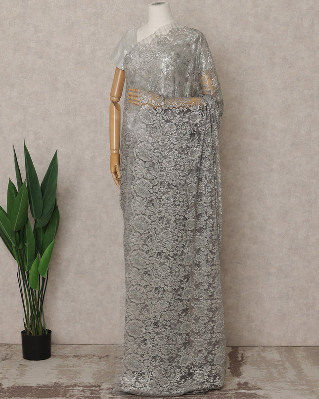 Silver Premium French Metallic Chantilly Lace Saree – 5.5 Meters Fabric Length, Width 110 cm, Imported from France  & Blouse Not Included-D26566