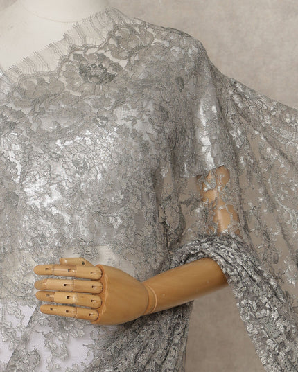 Silver Premium French Metallic Chantilly Lace Saree – 5.5 Meters Fabric Length, Width 110 cm, Imported from France  & Blouse Not Included-D26566