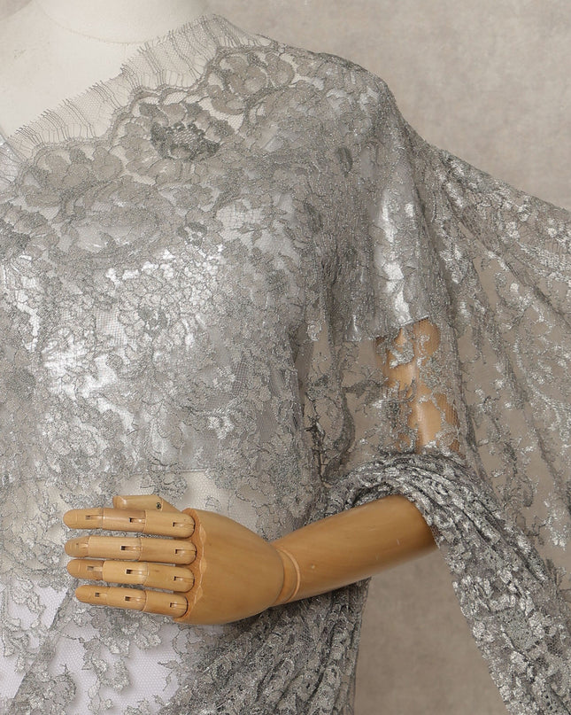 Silver Premium French Metallic Chantilly Lace Saree – 5.5 Meters Fabric Length, Width 110 cm, Imported from France  & Blouse Not Included-D26566