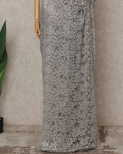 Silver Premium French Metallic Chantilly Lace Saree – 5.5 Meters Fabric Length, Width 110 cm, Imported from France  & Blouse Not Included-D26566