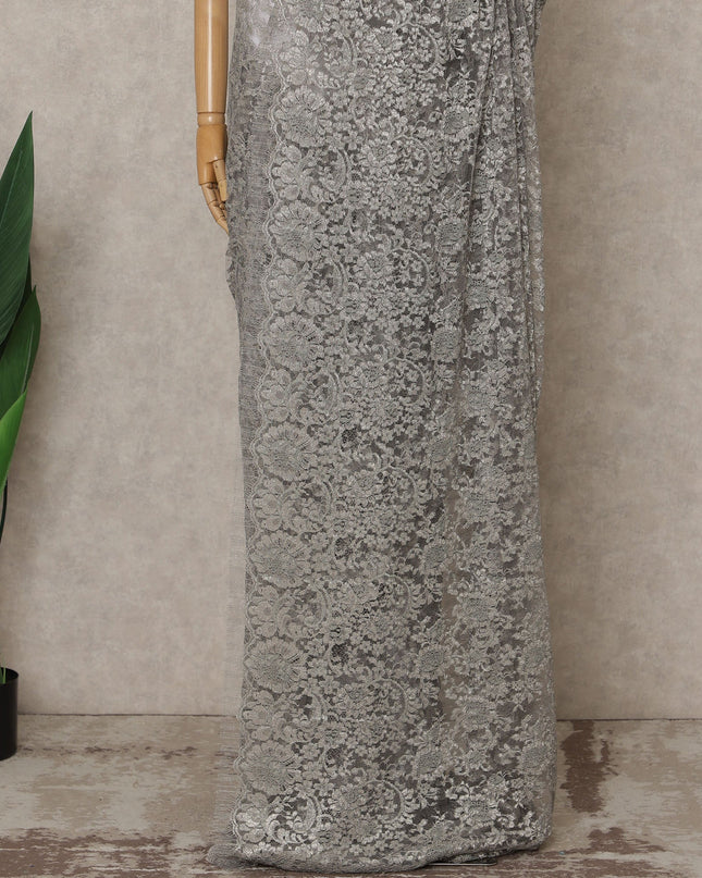 Silver Premium French Metallic Chantilly Lace Saree – 5.5 Meters Fabric Length, Width 110 cm, Imported from France  & Blouse Not Included-D26566