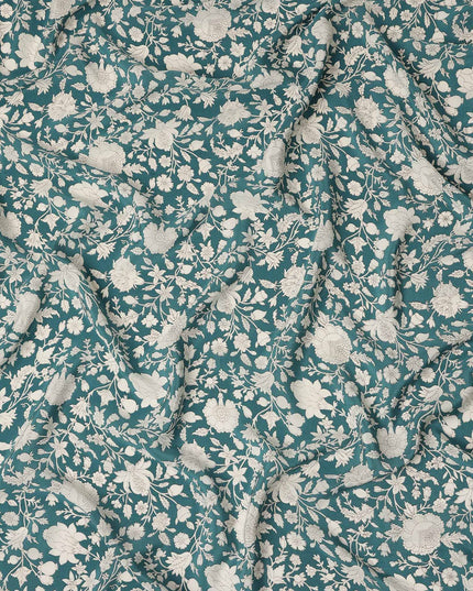 Blue Floral Pure Silk Crepe Fabric 110cm - 1029757