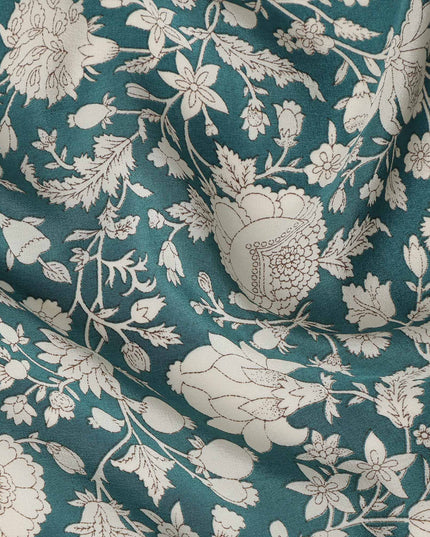 Blue Floral Pure Silk Crepe Fabric 110cm - 1029757