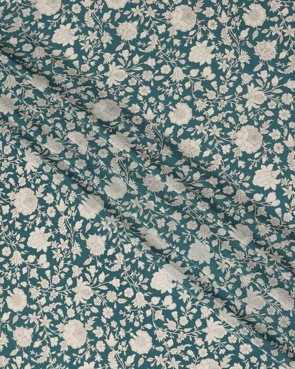 Blue Floral Pure Silk Crepe Fabric 110cm - 1029757
