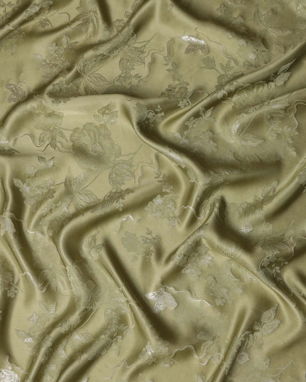 Olive Green Premium Pure Silk Satin Floral Woven Fabric 110 Cms Width From India-D27243 - Regal Fabrics
