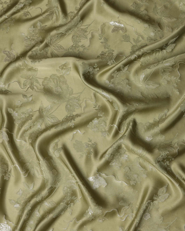 Olive Green Premium Pure Silk Satin Floral Woven Fabric 110 Cms Width From India-D27243