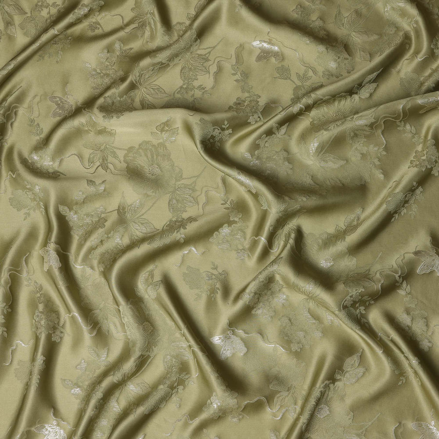Olive Green Premium Pure Silk Satin Floral Woven Fabric 110 Cms Width From India-D27243 - Regal Fabrics