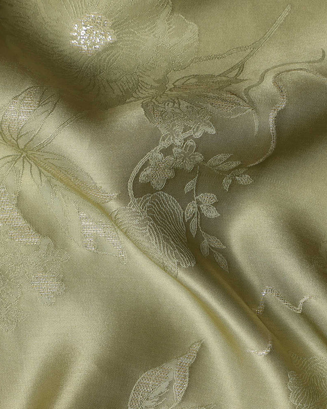 Olive Green Premium Pure Silk Satin Floral Woven Fabric 110 Cms Width From India-D27243