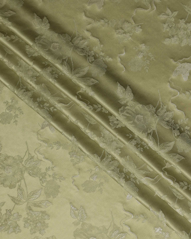 Olive Green Premium Pure Silk Satin Floral Woven Fabric 110 Cms Width From India-D27243