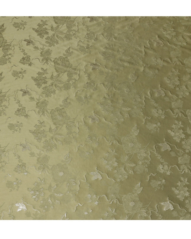 Olive Green Premium Pure Silk Satin Floral Woven Fabric 110 Cms Width From India-D27243