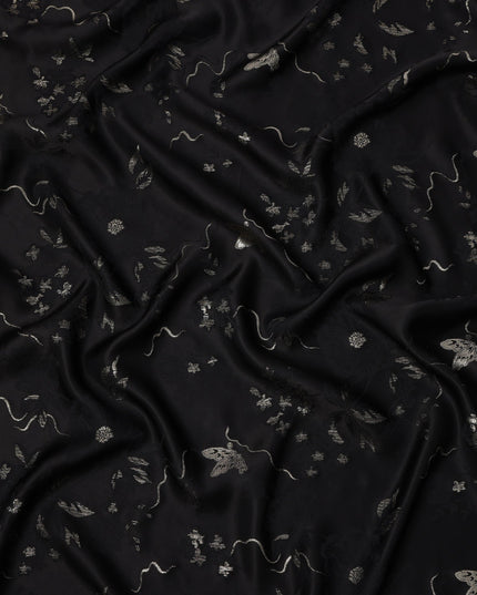 Black Floral and Butterfly Pattern Silk Satin Fabric 110 Cms Width India-D24988