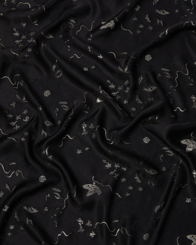 Black Floral and Butterfly Pattern Silk Satin Fabric 110 Cms Width India-D24988