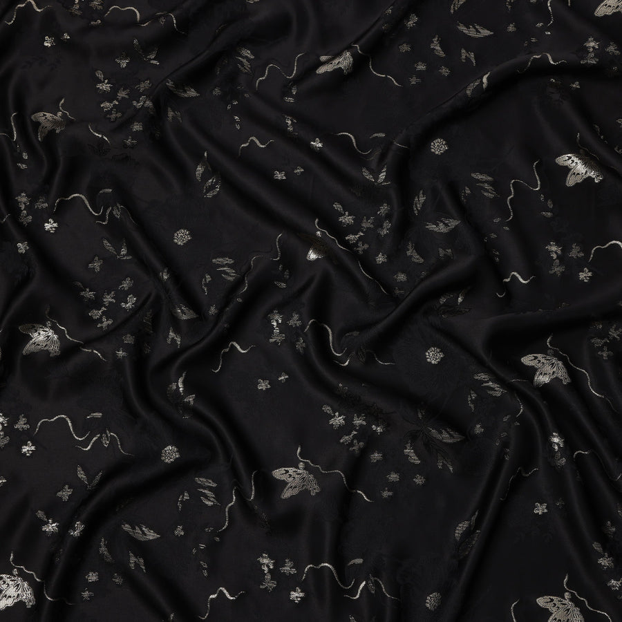 Black Floral and Butterfly Pattern Silk Satin Fabric 110 Cms Width India-D24988