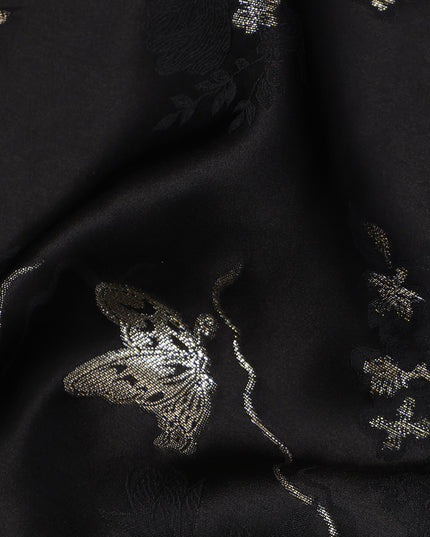 Black Floral and Butterfly Pattern Silk Satin Fabric 110 Cms Width India-D24988