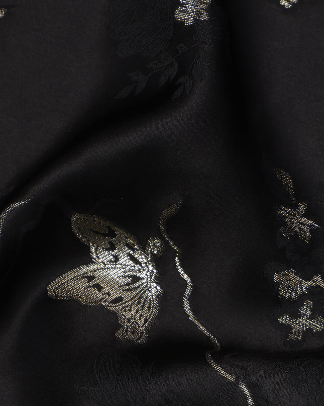 Black Floral and Butterfly Pattern Silk Satin Fabric 110 Cms Width India-D24988