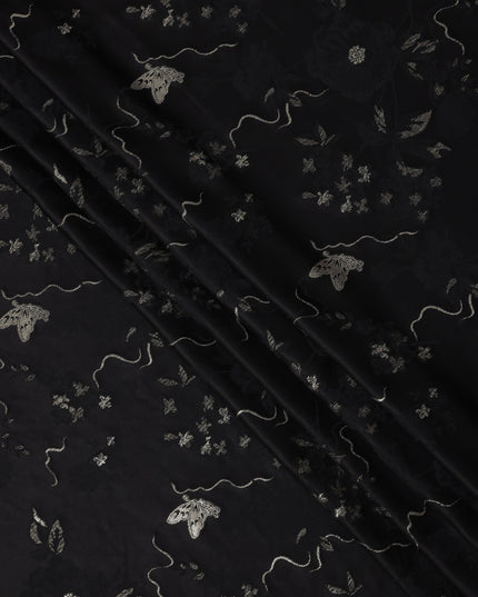 Black Floral and Butterfly Pattern Silk Satin Fabric 110 Cms Width India-D24988