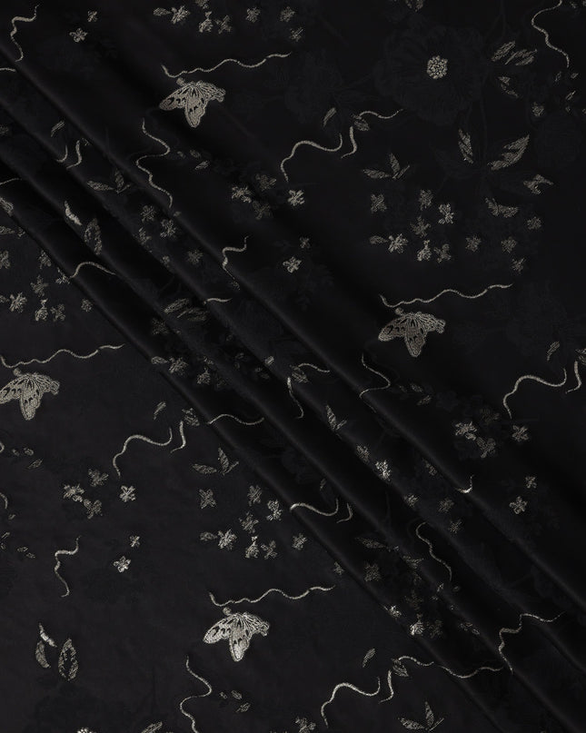 Black Floral and Butterfly Pattern Silk Satin Fabric 110 Cms Width India-D24988