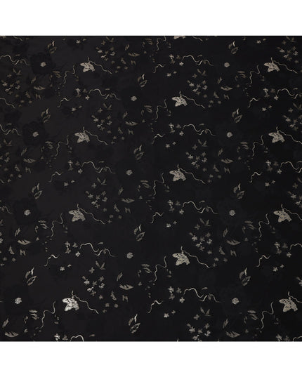 Black Floral and Butterfly Pattern Silk Satin Fabric 110 Cms Width India-D24988
