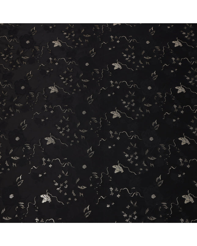 Black Floral and Butterfly Pattern Silk Satin Fabric 110 Cms Width India-D24988