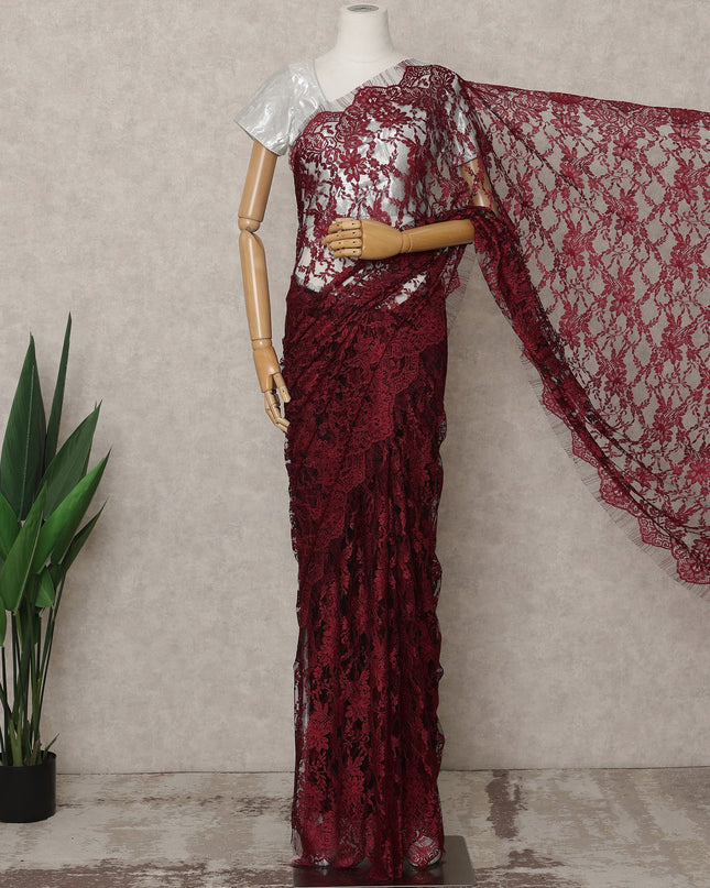Maroon Premium 2-Tone French Chantilly Lace Saree Fabric 5.5 Mtrs with 110 Cms Width – Imported from France-D25657