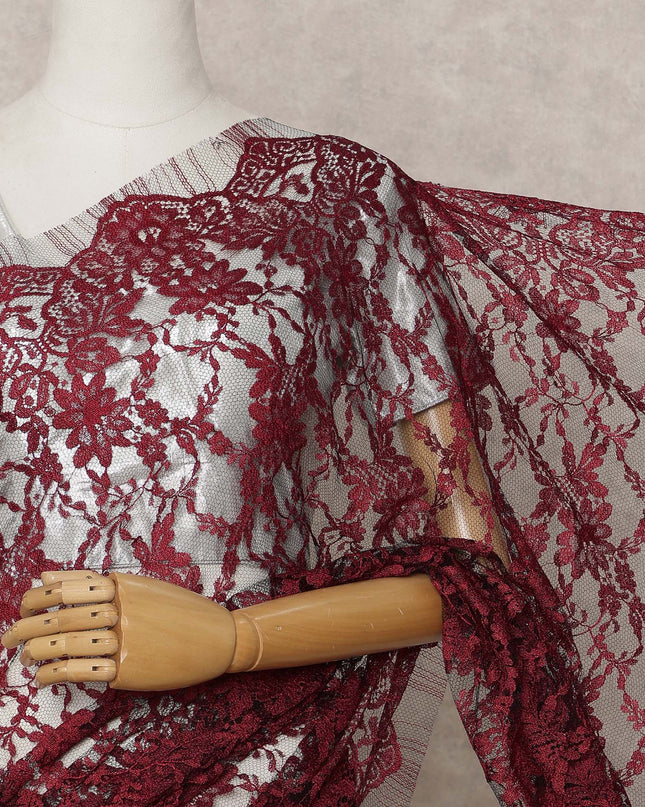 Maroon Premium 2-Tone French Chantilly Lace Saree Fabric 5.5 Mtrs with 110 Cms Width – Imported from France-D25657
