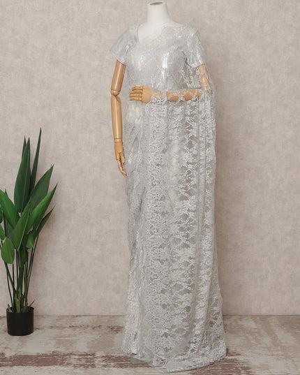 Light Silver Premium French Chantilly Lace Saree Fabric 5.5 Mtrs with 110 Cms Width – Imported from France-D25641