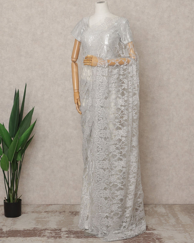 Light Silver Premium French Chantilly Lace Saree Fabric 5.5 Mtrs with 110 Cms Width – Imported from France-D25641