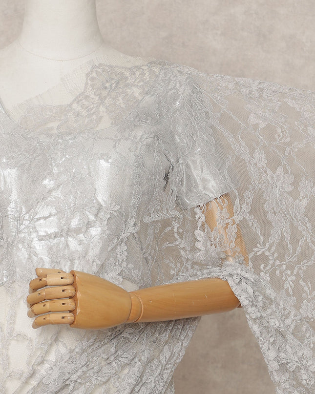 Light Silver Premium French Chantilly Lace Saree Fabric 5.5 Mtrs with 110 Cms Width – Imported from France-D25641