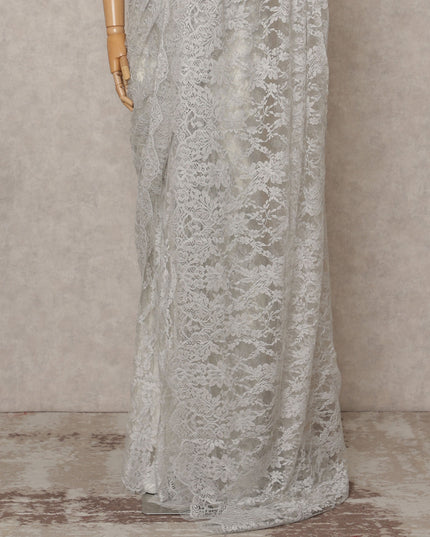 Light Silver Premium French Chantilly Lace Saree Fabric 5.5 Mtrs with 110 Cms Width – Imported from France-D25641