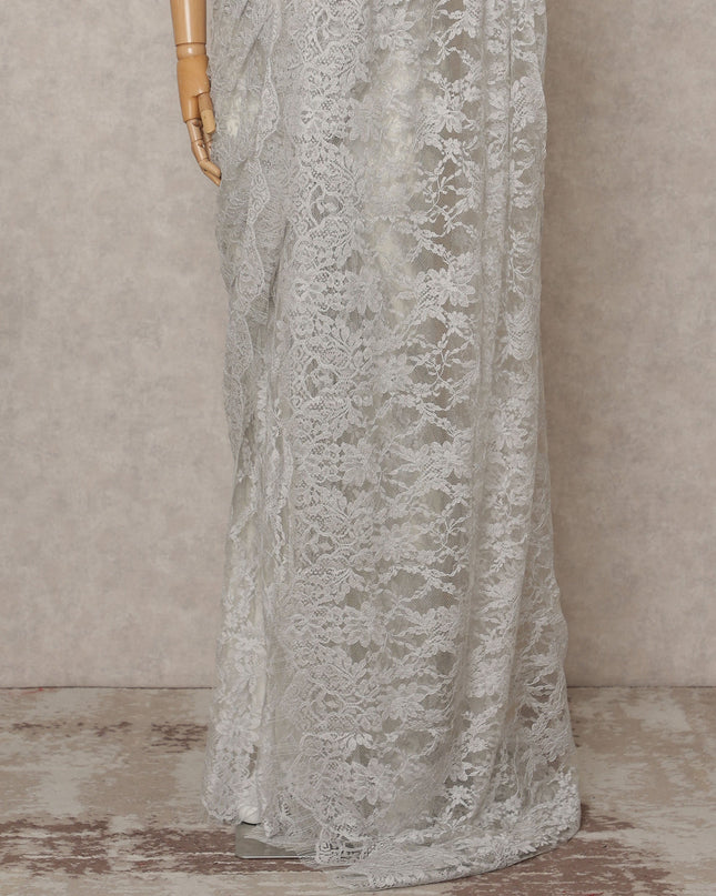 Light Silver Premium French Chantilly Lace Saree Fabric 5.5 Mtrs with 110 Cms Width – Imported from France-D25641
