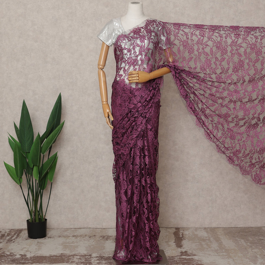 Wine Premium 2-Tone French Chantilly Lace Saree Fabric 5.5 Mtrs with 110 Cms Width – Imported from France-D25662