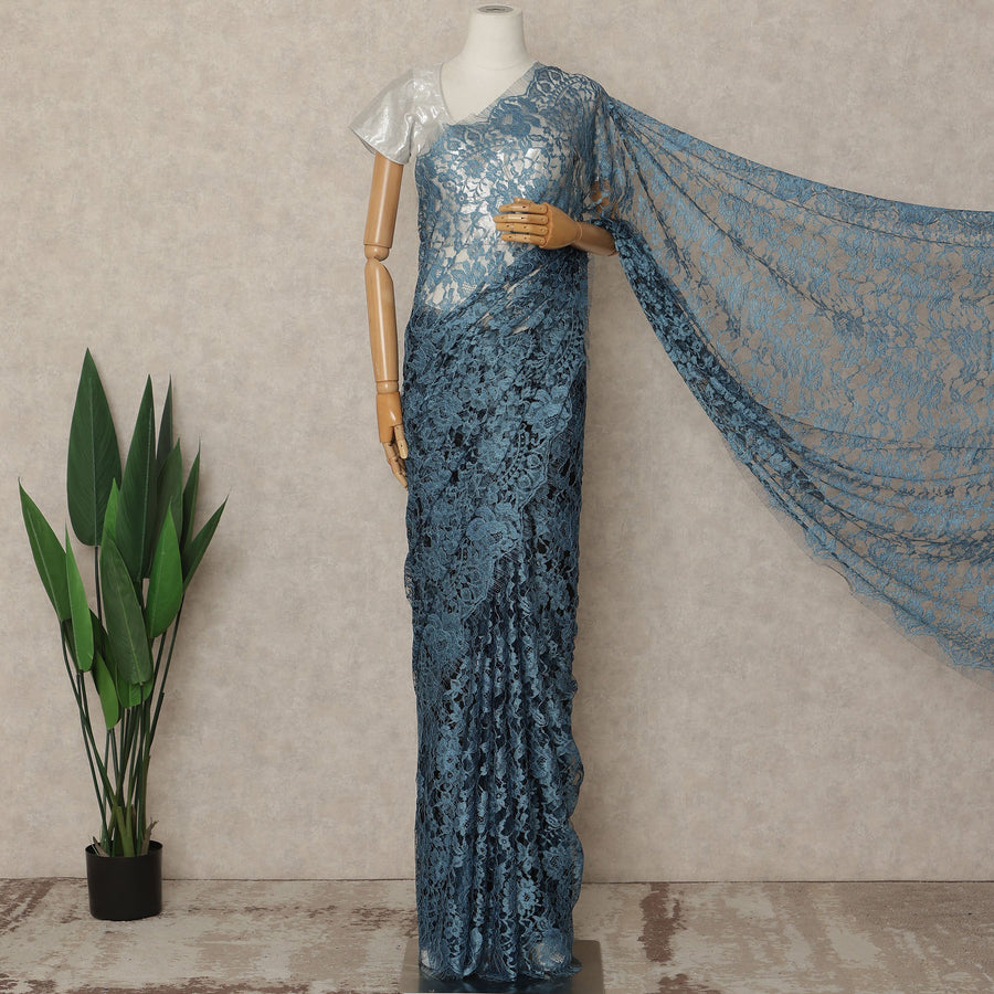Dusty Blue 2Tone Premium French Chantilly Saree Lace 5.5 Mtrs 110 Cms Width France-D27796
