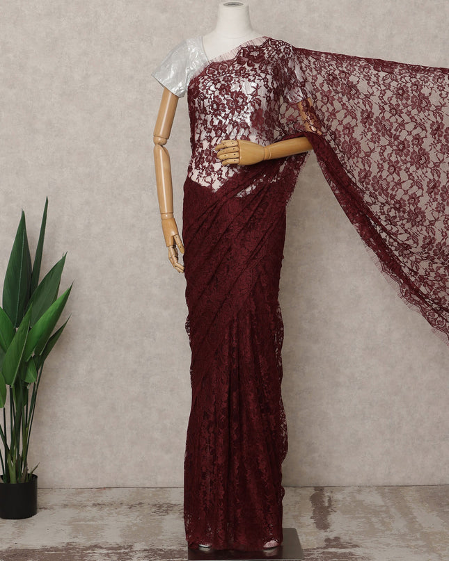 Maroon Premium French Chantilly Lace Saree Fabric 5.5 Mtrs with 110 Cms Width – Imported from France-D25639