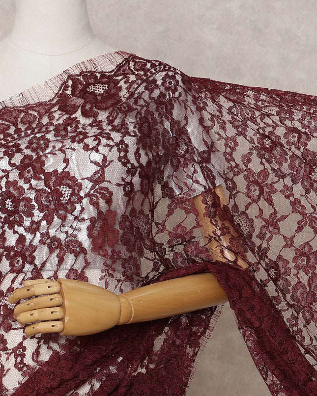 Maroon Premium French Chantilly Lace Saree Fabric 5.5 Mtrs with 110 Cms Width – Imported from France-D25639