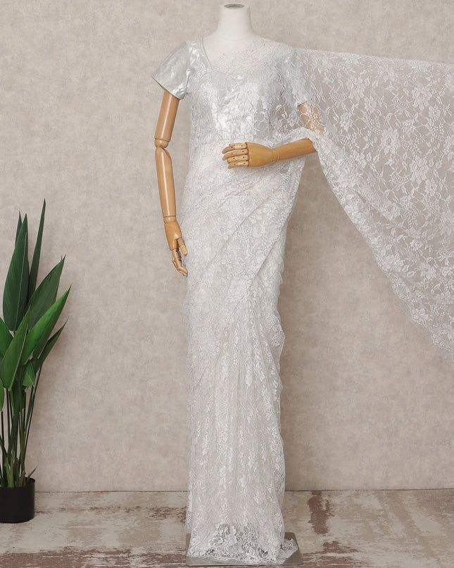 White Premium Outline Metallic French Chantilly Lace Saree Fabric 5.5 Mtrs with 110 Cms Width – Imported from France-D25668 Regal Fabrics