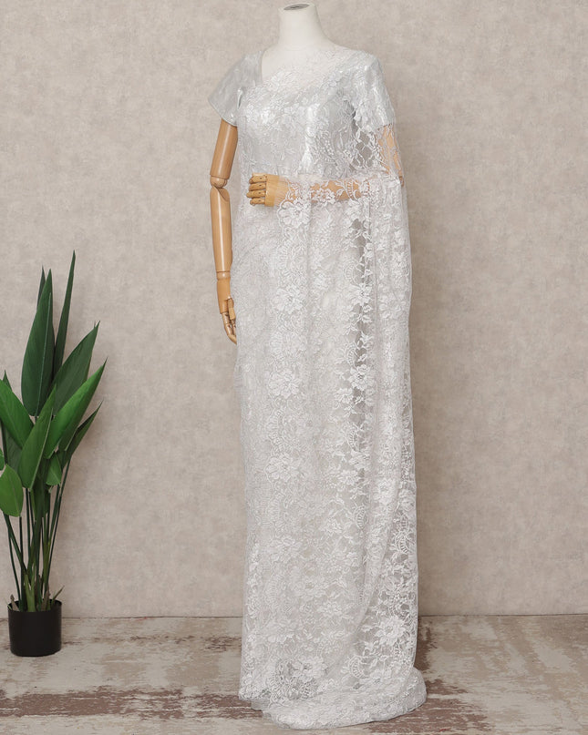 White Premium Outline Metallic French Chantilly Lace Saree Fabric 5.5 Mtrs with 110 Cms Width – Imported from France-D25668 Regal Fabrics