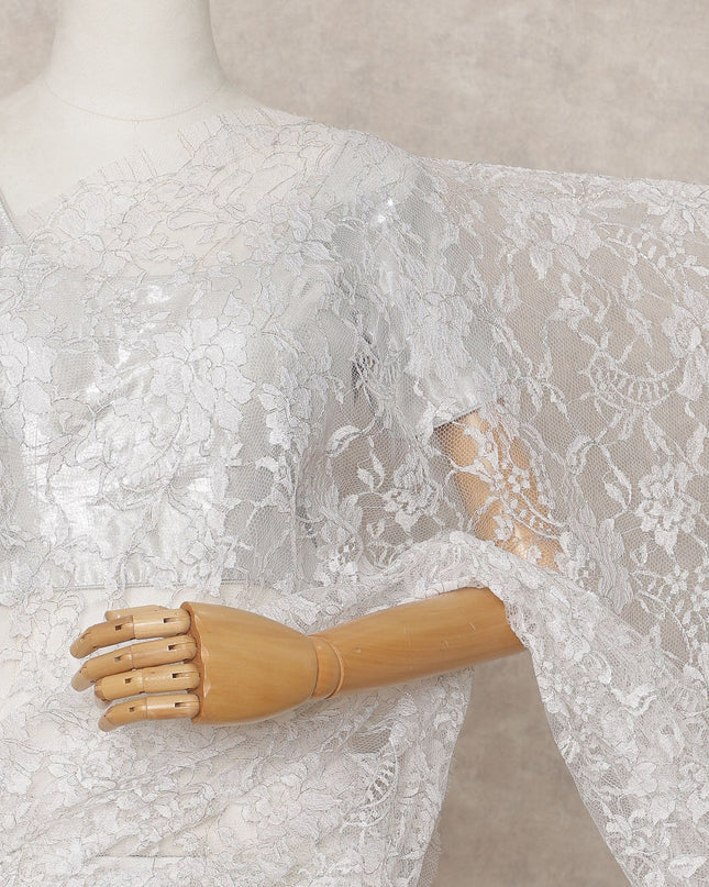 White Premium Outline Metallic French Chantilly Lace Saree Fabric 5.5 Mtrs with 110 Cms Width – Imported from France-D25668 Regal Fabrics
